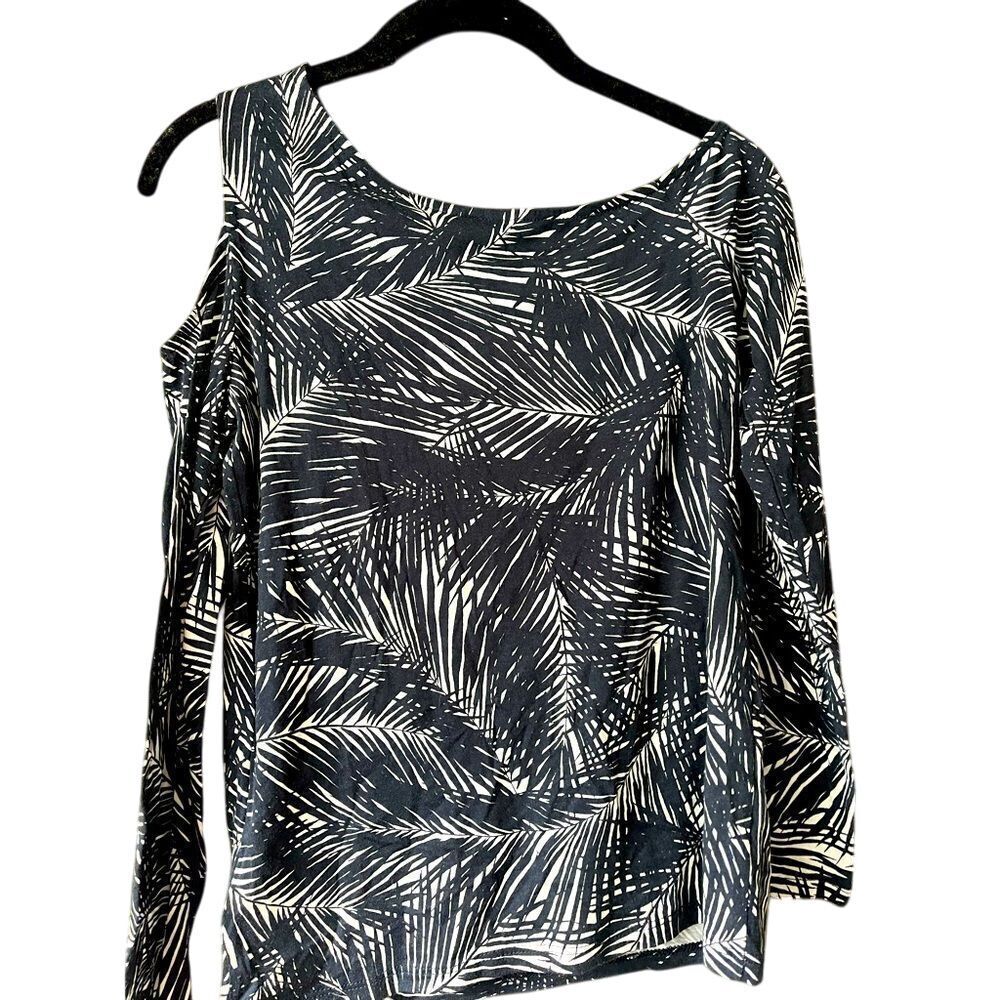 Michael‎ Kors Palm Print Long Sleeve Top Navy White Tropical Pattern Casual D12